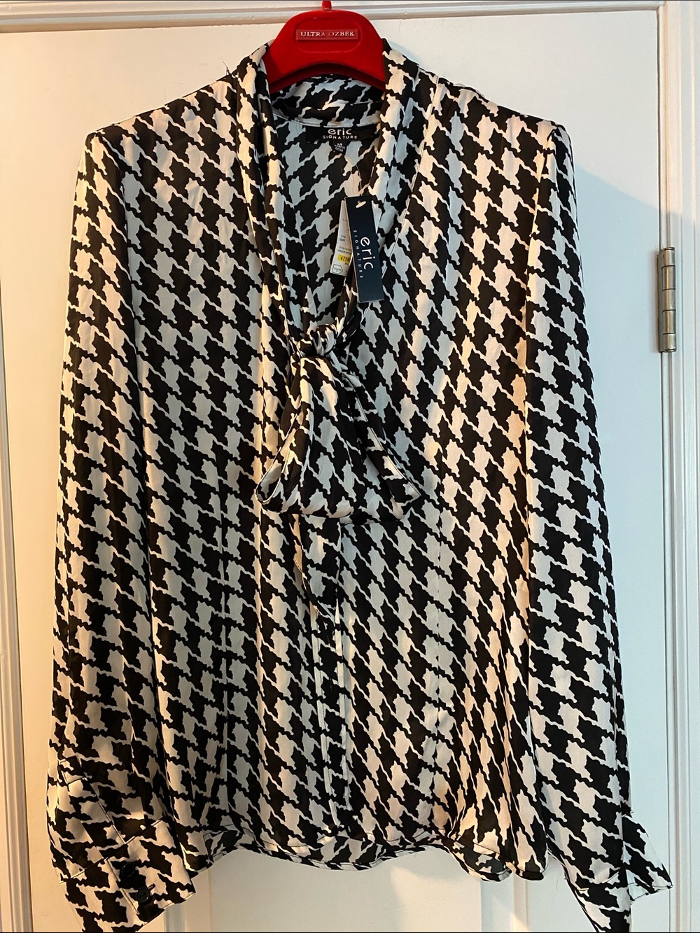 Eric Sinature  Silky Button Down Neck Tie Blouse NWT